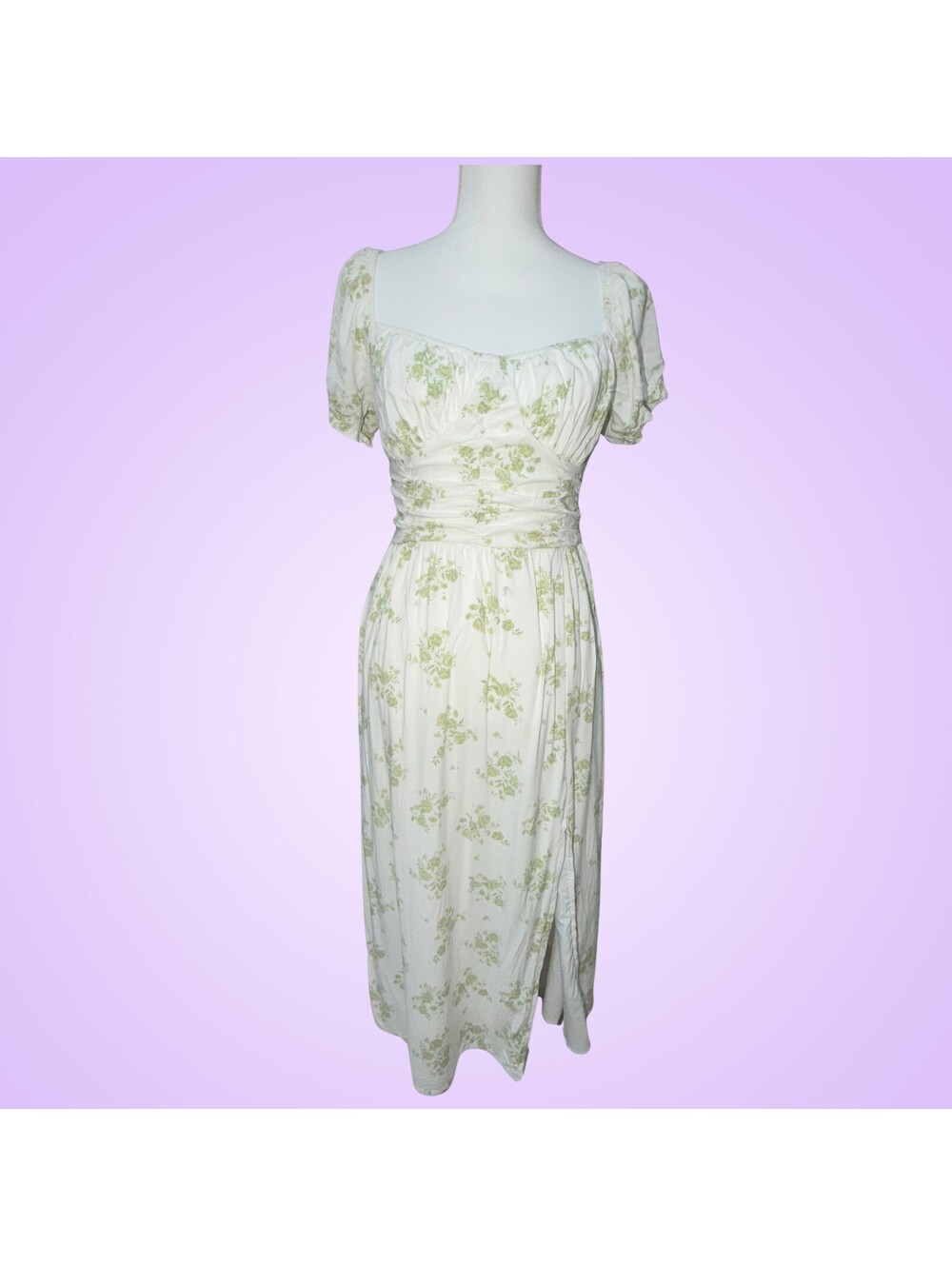 Hollister Womens Medium White Green Floral Midi Dress Cottagecore Lounge Cottage